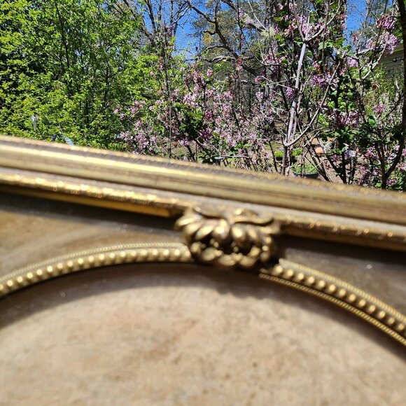 Antique Ornate Brass Oval Glass Picture Frame With Gold Matting & Fabric Backing - Picture 4 of 14